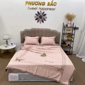 Bộ chăn ga gối lụa tencel tim hồng cute